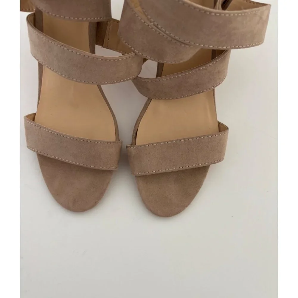 Taupe Faux Suede Sandals 10 Strappy Block Heel Ankle Wrap Quiet Luxury Boho Glam - Picture 5 of 14